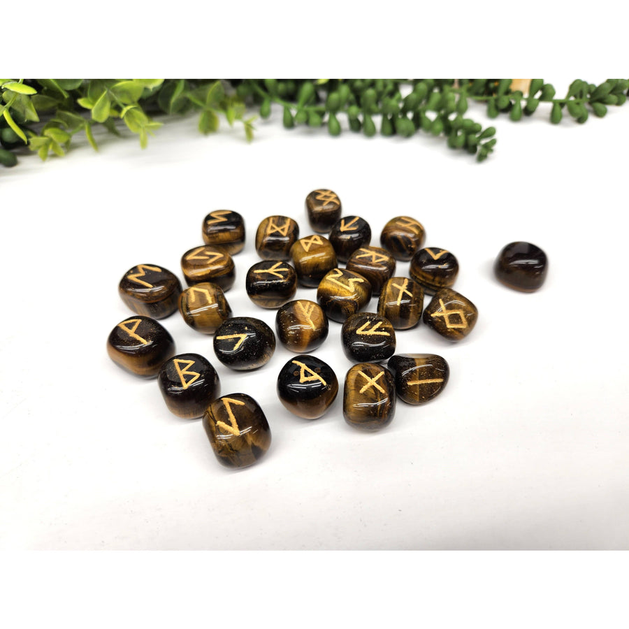 Yellow Tiger’s Eye Gemstone Rune Sets with Velvet Pouch displaying Tiger’s Eye rune stones