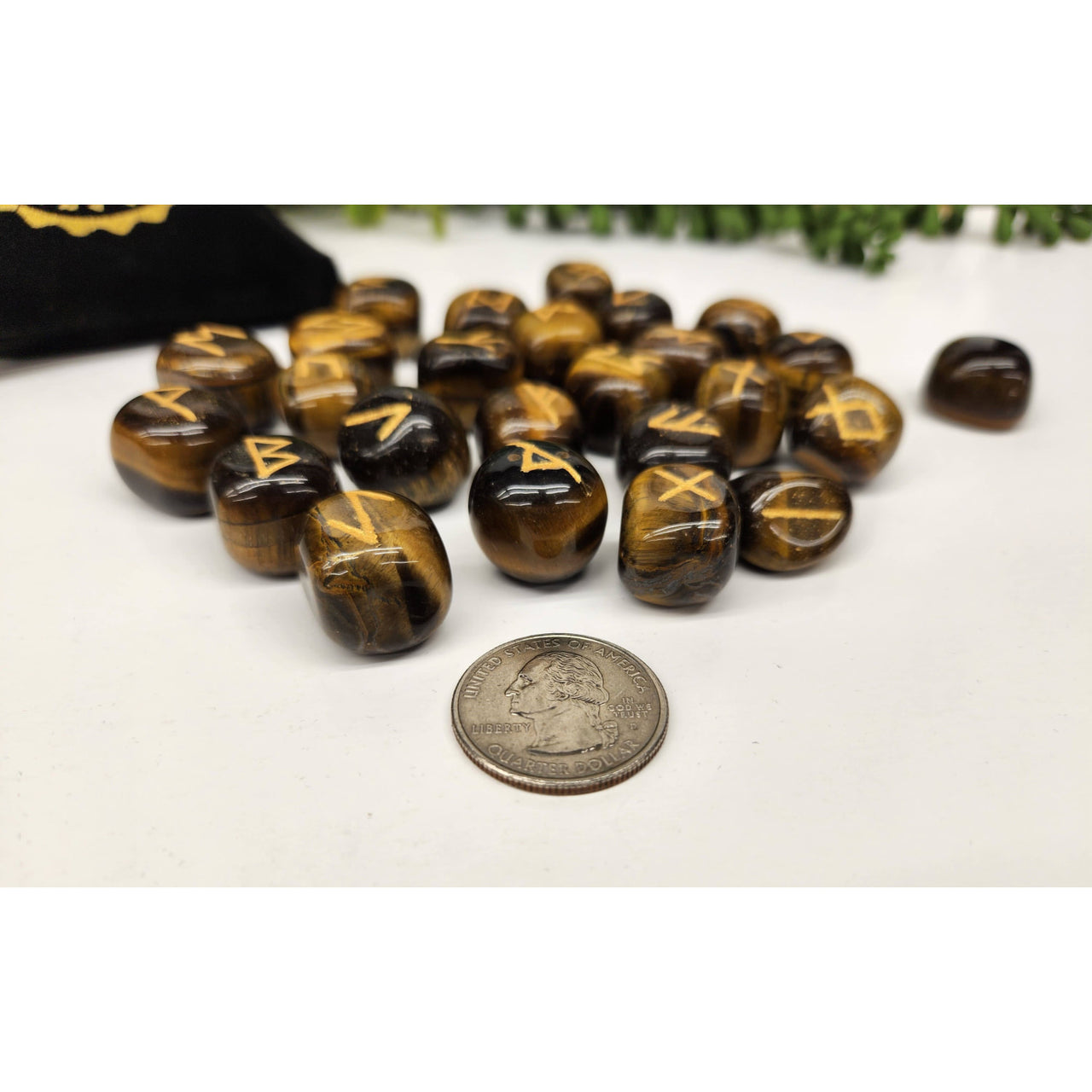 Yellow Tigers Eye Gemstone Rune Stones with Velvet Pouch for Tarot and Divination