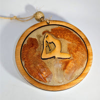 8-inch circular wooden yoga ornament with golden resin center, engraved pose, quartz crystals, NBG012