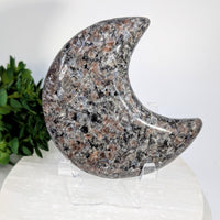 Polished 3.4-inch Yooperite Moon #BC0629 crescent stone with speckled gray, black, and reddish-brown hues