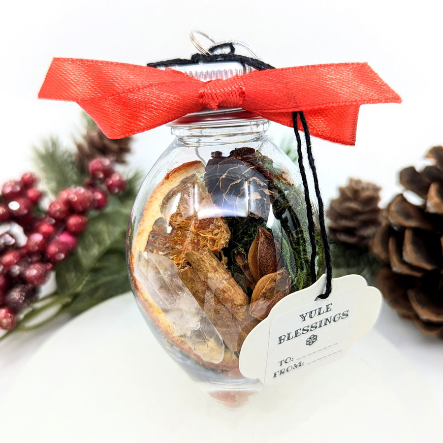 Yule Blessings 3.5’’ crystal ornament with orange, cinnamon, moss, quartz point