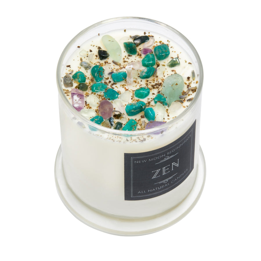 Zen Candle: soy ritual candle with teal purple gems and herbs in glass jar