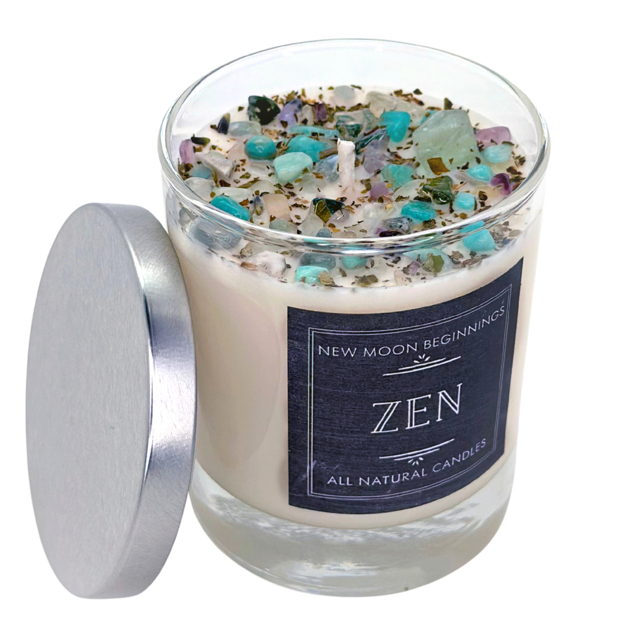 Zen Candle soy herb flower crystal ritual candle with turquoise purple crystals dried herbs in glass jar