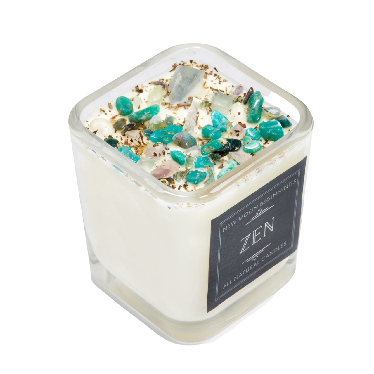 Zen Candle with white soy wax, teal crystals, and zen label by New Moon Beginnings