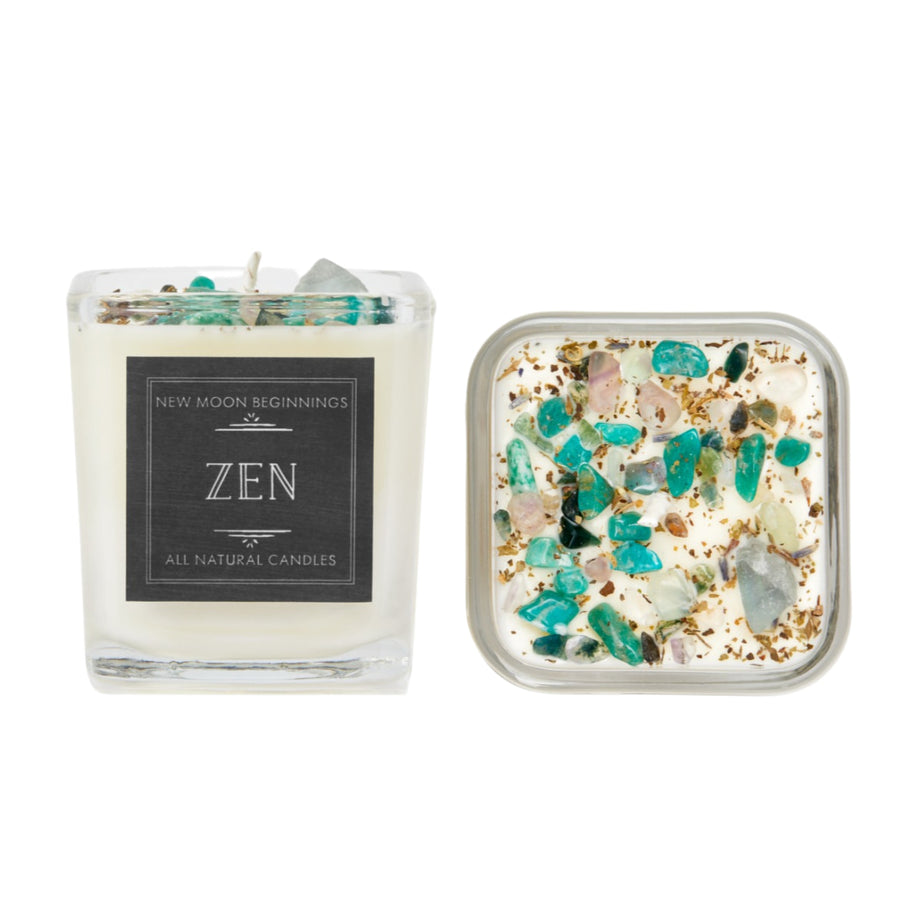 Zen Candle square glass jar with clear lid, white soy wax and teal pink crystals