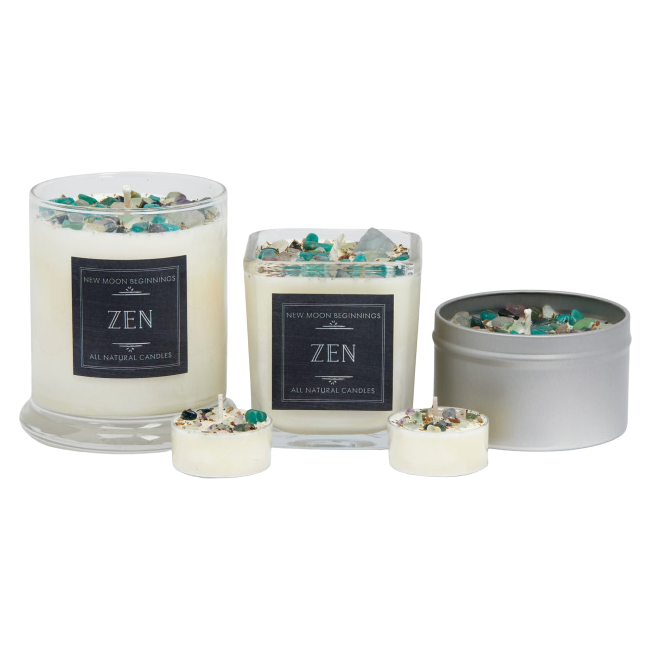 Zen Candle set of four all-natural soy ritual candles with herbs, flowers, crystals in glass and metal containers, white wax topped with teal and silver gemstones