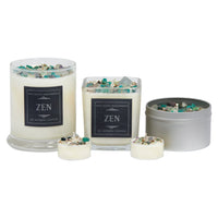 Zen Candle set of four all-natural soy ritual candles with herbs, flowers, crystals in glass and metal containers, white wax topped with teal and silver gemstones