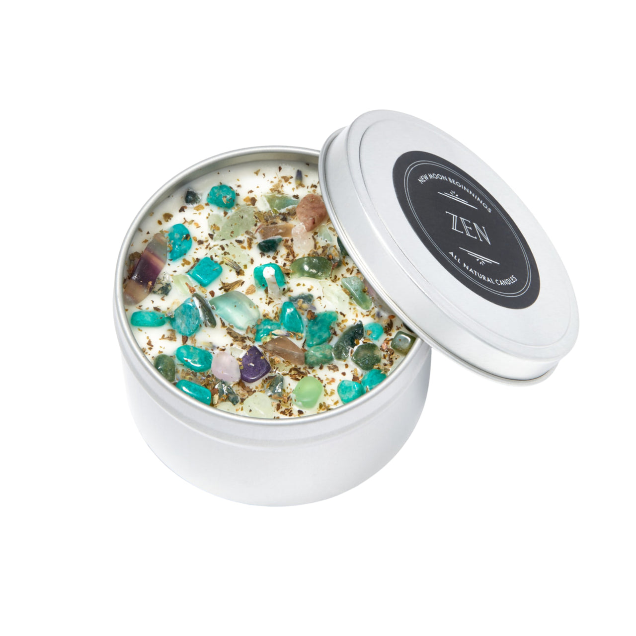 Zen Candle silver tin with white soy wax, herbs, flowers, crystals, and golden flakes