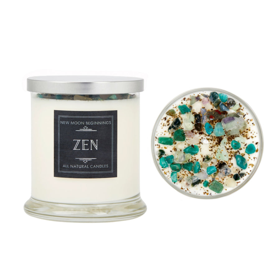 Zen Candle soy ritual candle in glass jar with gemstones and silver lid