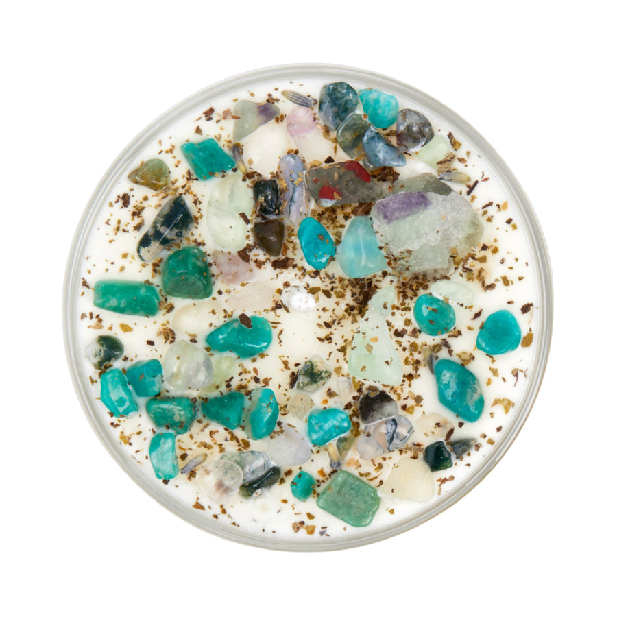 Zen Candle soy ritual candle with turquoise green gemstones in clear glass