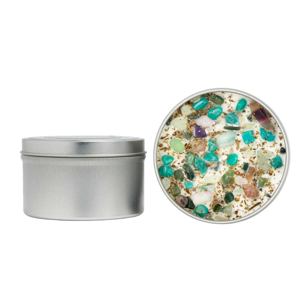 Zen Candle silver tin with soy crystal-embedded white candle in teal, green, purple, brown gems