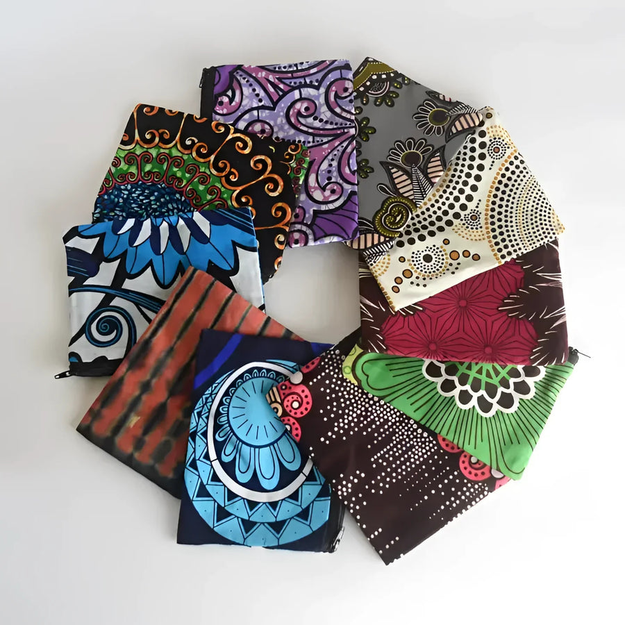 Circle of colorful Banda Banda prints displayed in Zippered Pouch African Print #LV3761