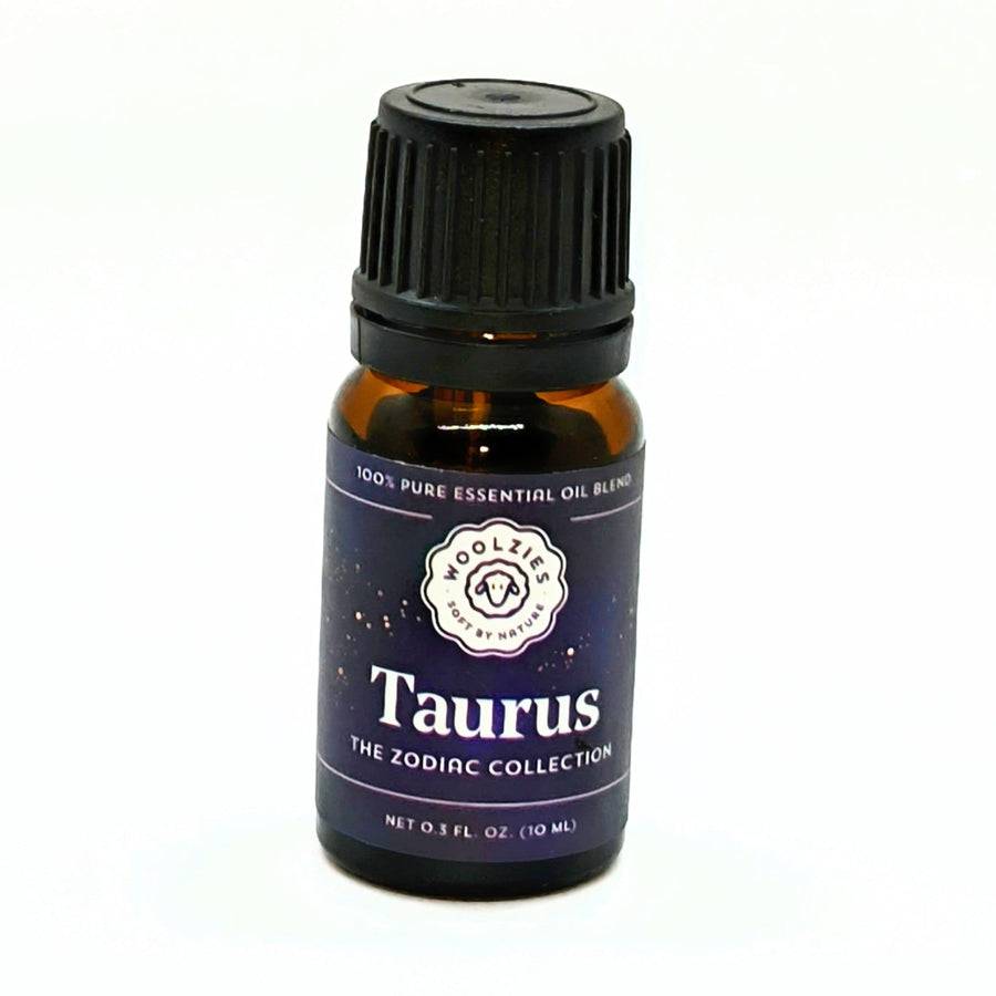 Close up of Taurus essential oil bottle from Zodiac Essential Oil Blend by Woolzies