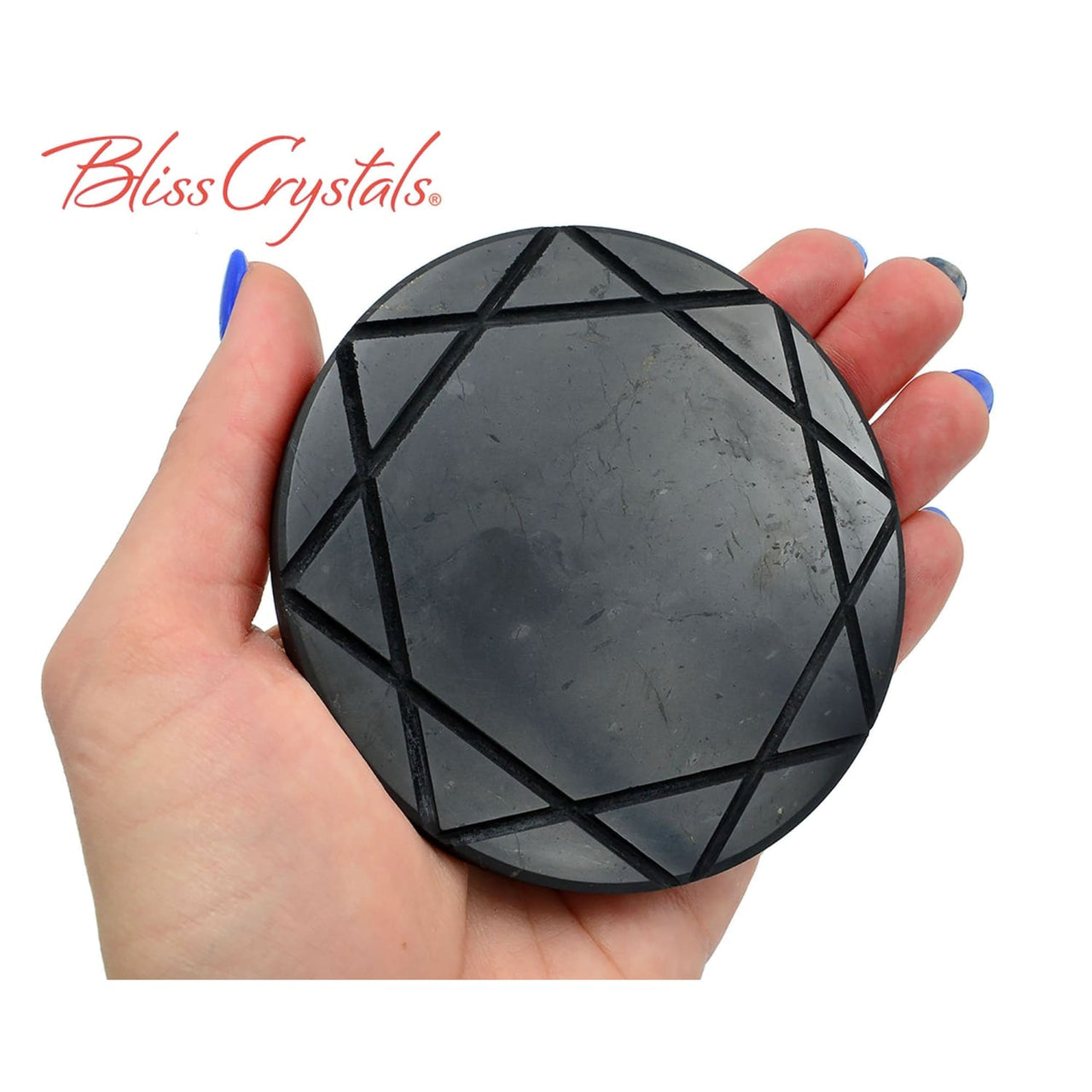 1 SHUNGITE Round Plate w/ 8 point Star Carving Polished 