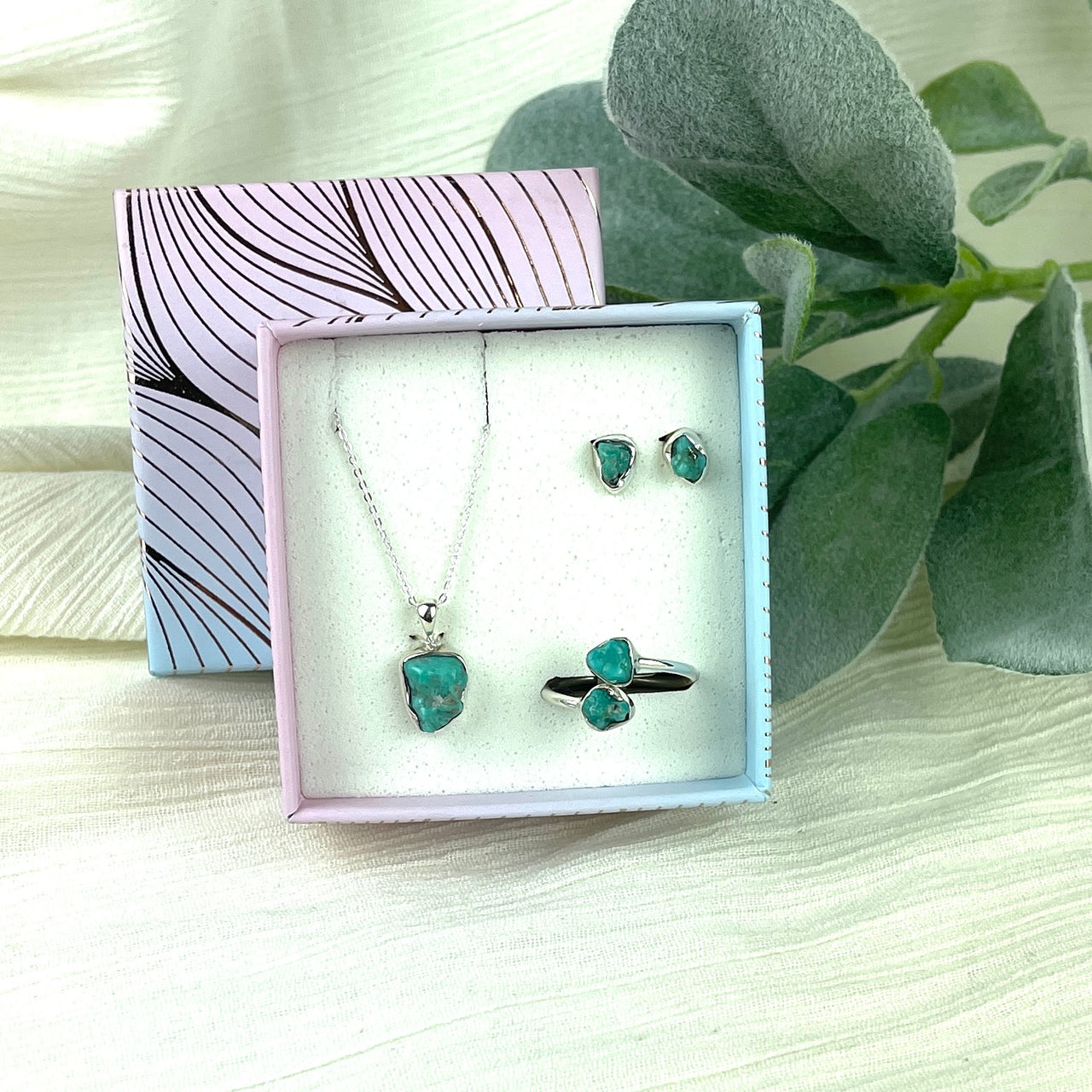 Turquoise Jewelry 3 pc Box Set Sterling Silver Earrings, Pendant, Adjustable Ring #J851