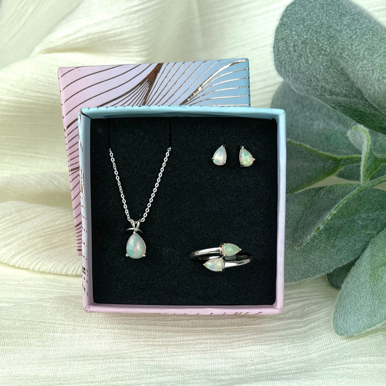 Fire Opal 3 pc Jewelry Gift Set, Sterling Silver Earrings, Pendant, Adjustable Ring #J853