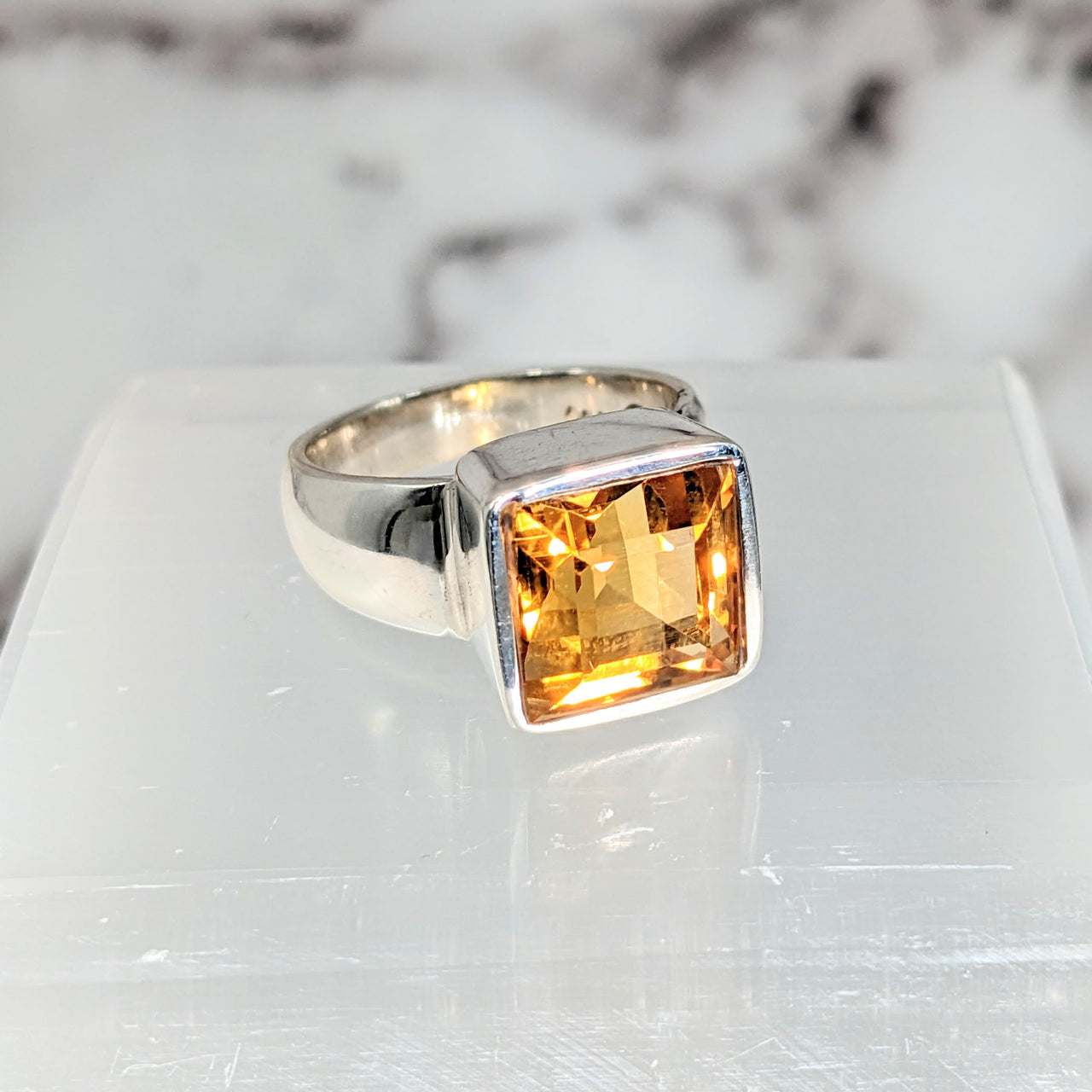 Citrine Faceted Sz 6.5 S.S. Square Ring #LV2627