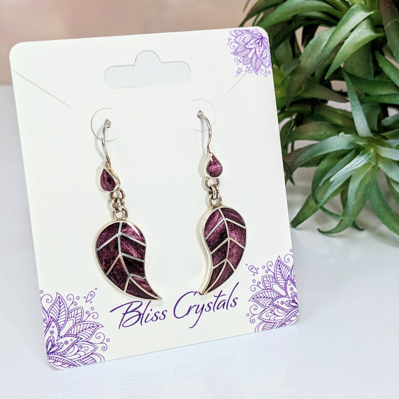Purple Oyster Shell 1.5" Leaf Inlay Earrings #LV2778