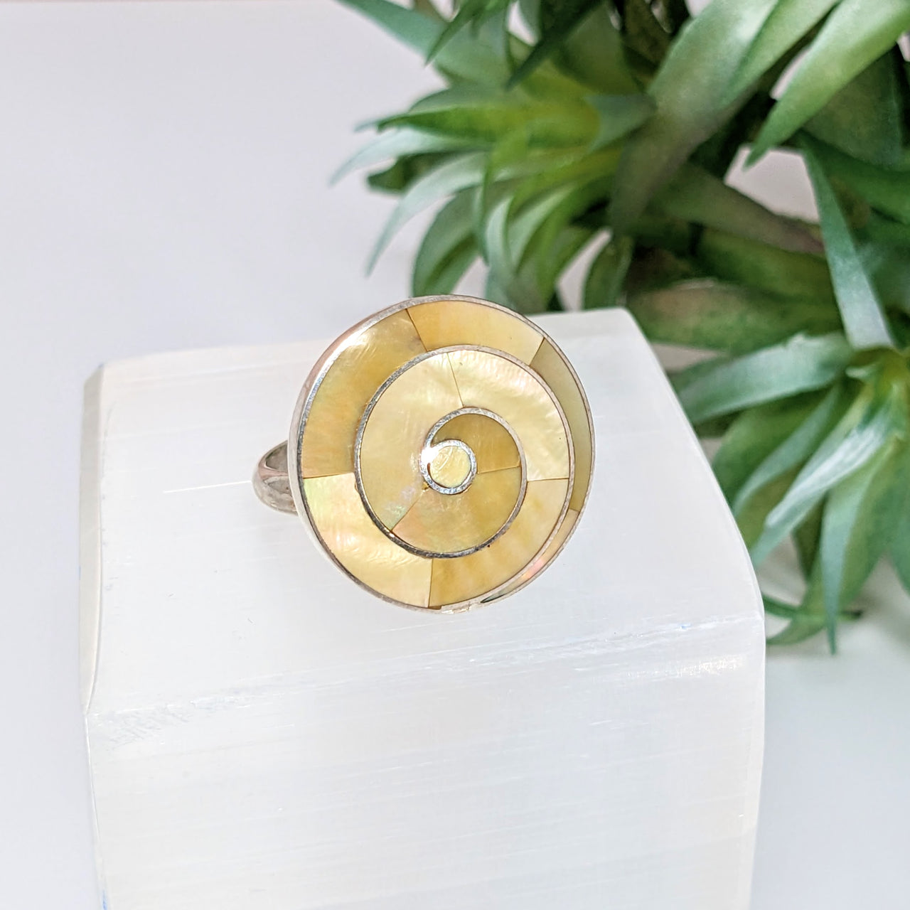 Yellow Mother of Pearl  Spiral Inlay Ring Adjustable #LV2785