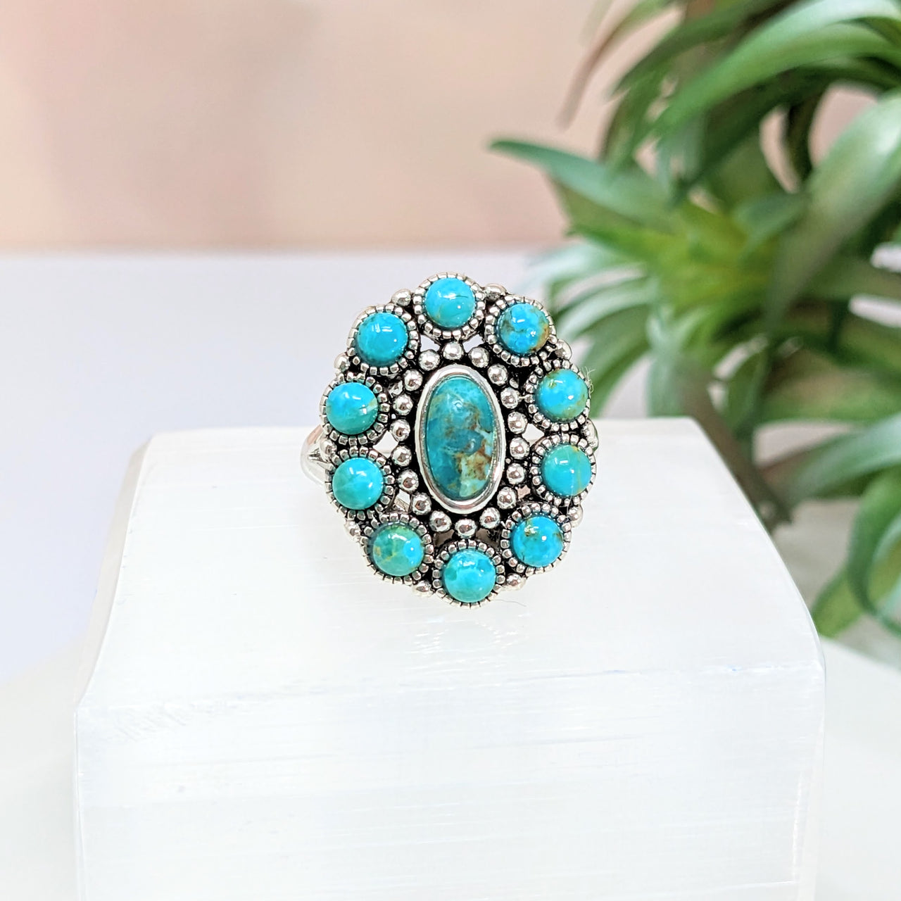 Turquoise Oval Flower Ring #LV2796