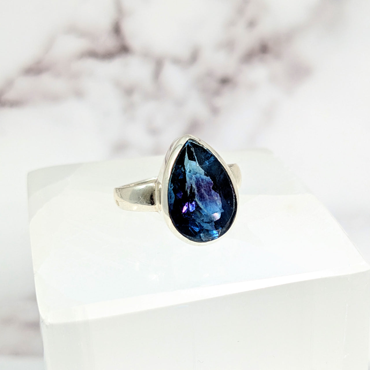 Blue Fluorite Sz 7.5 S.S. Faceted Ring #LV3033