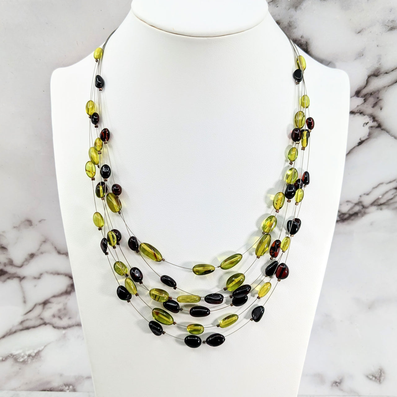 Amber Green and Dark 22" Floating Wire Necklace #LV3060