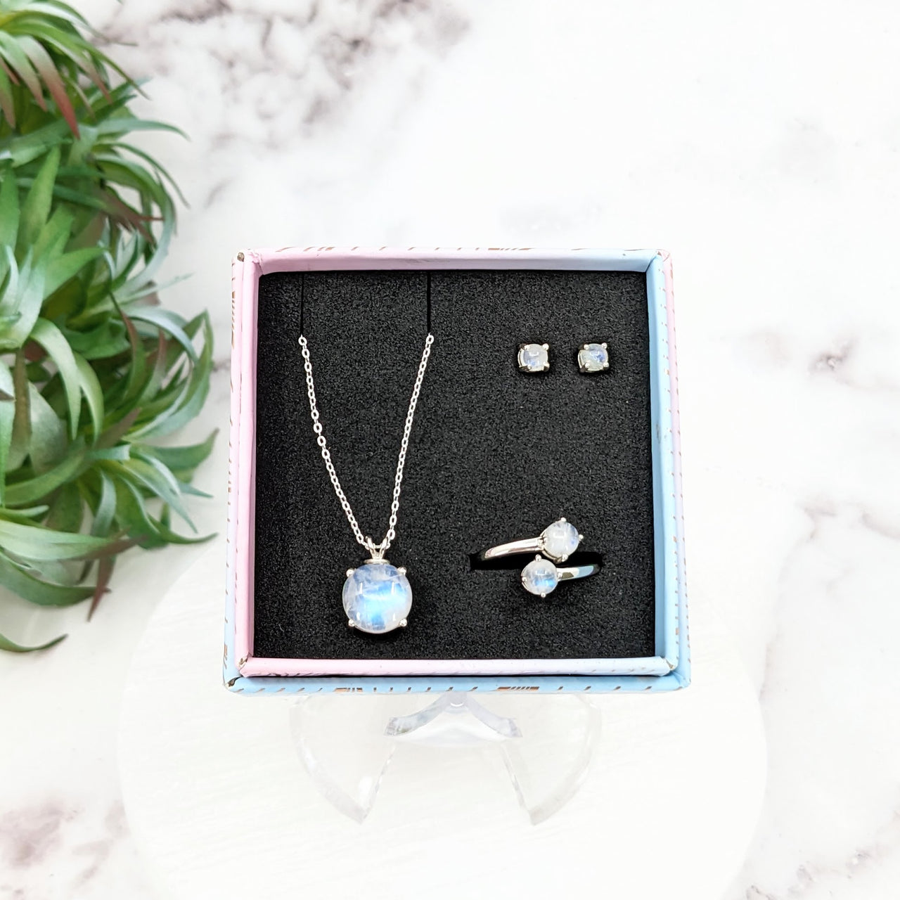 Moonstone Polished Jewelry 3 pc Box Set Sterling Silver Earrings, Pendant, Adjustable Ring  #LV3200