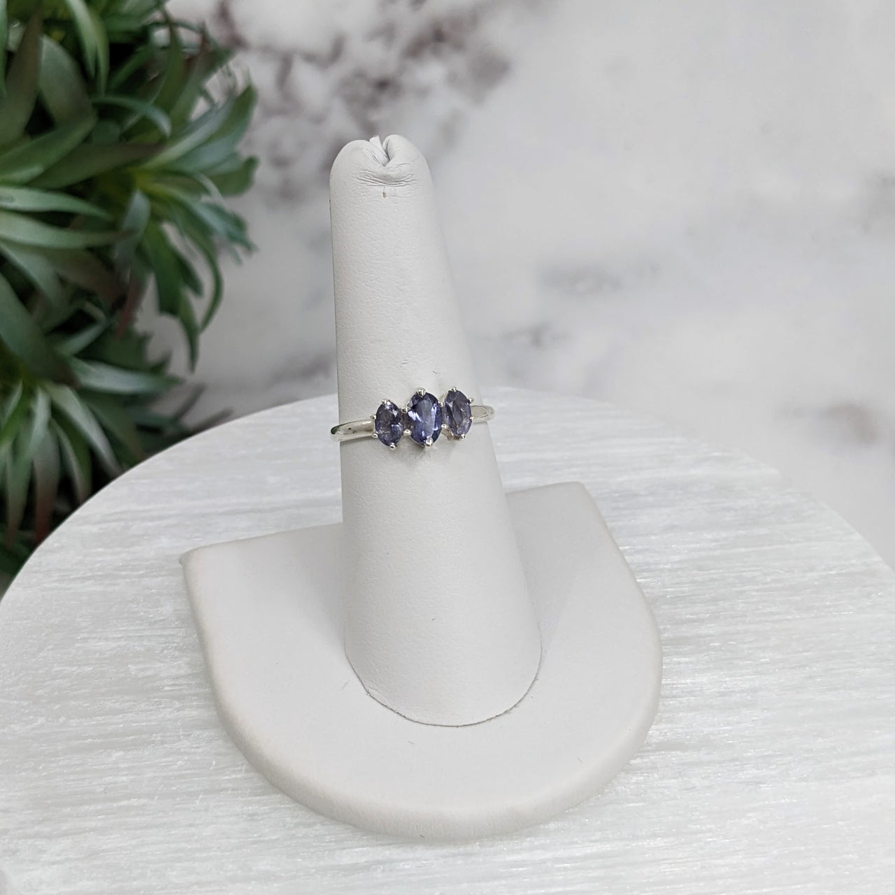 Iolite Faceted Oval 3 Stone Sterling Silver Dainty Ring Size 6 - 8 #LV3212