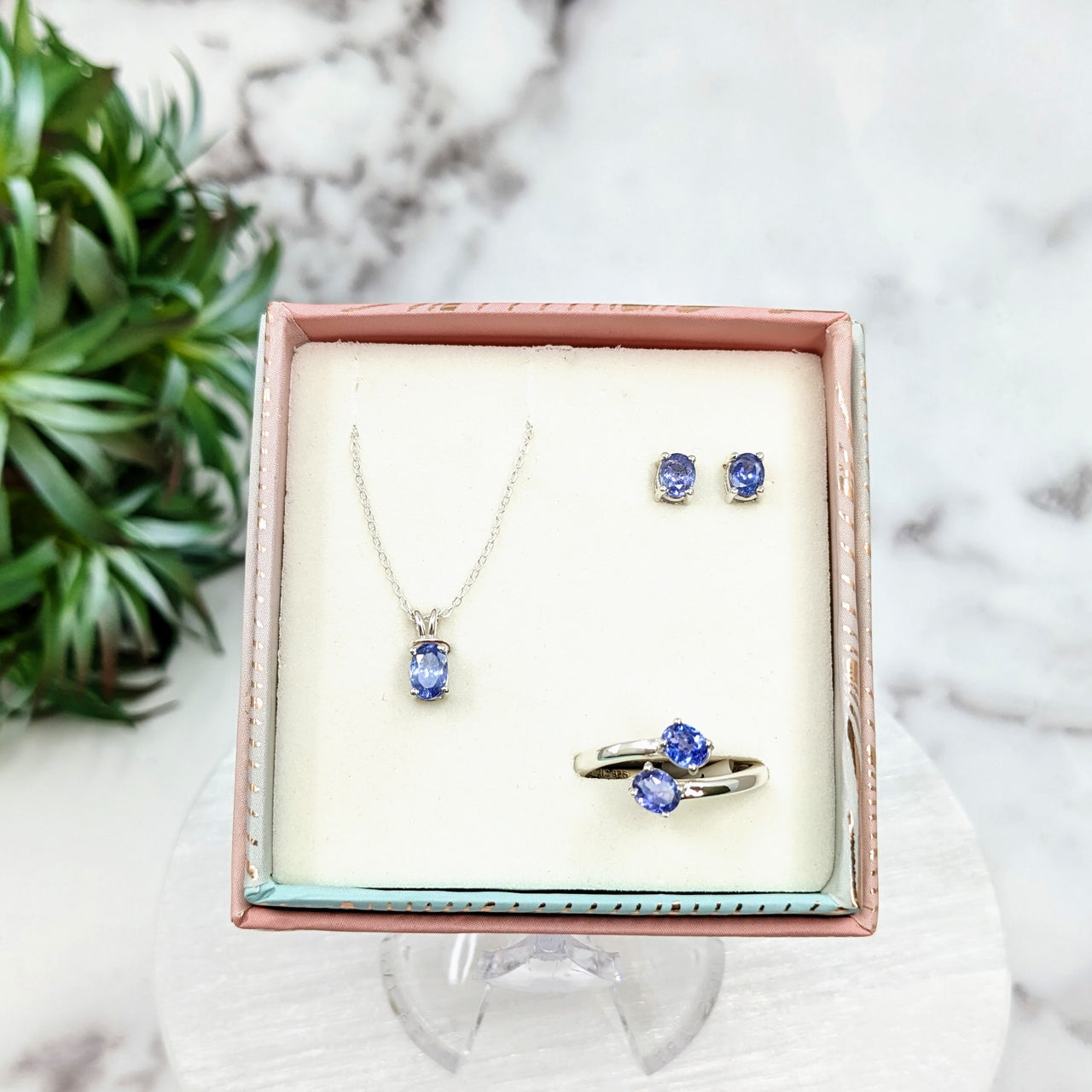 Tanzanite Faceted Jewelry 3 pc Box Set Sterling Silver Earrings, Pendant, Adjustable Ring #LV3231