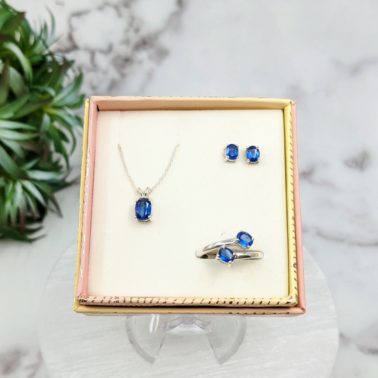 Blue Kyanite Faceted Jewelry 3 pc Box Set Sterling Silver Earrings, Pendant, Adjustable Ring #LV3232
