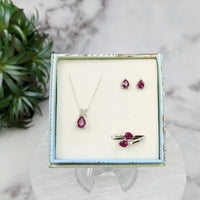 Thumbnail for Ruby Faceted Jewelry 3 pc Box Set Sterling Silver Earrings, Pendant, Adjustable Ring #LV3233