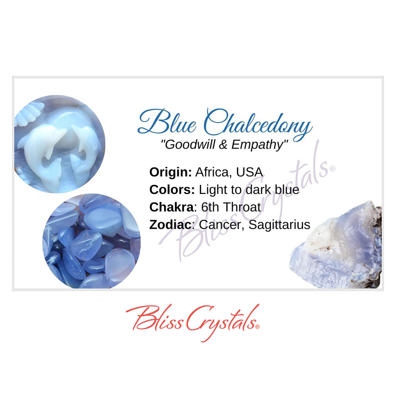 BLUE CHALCEDONY Crystal Information Card, Double sided #HC15