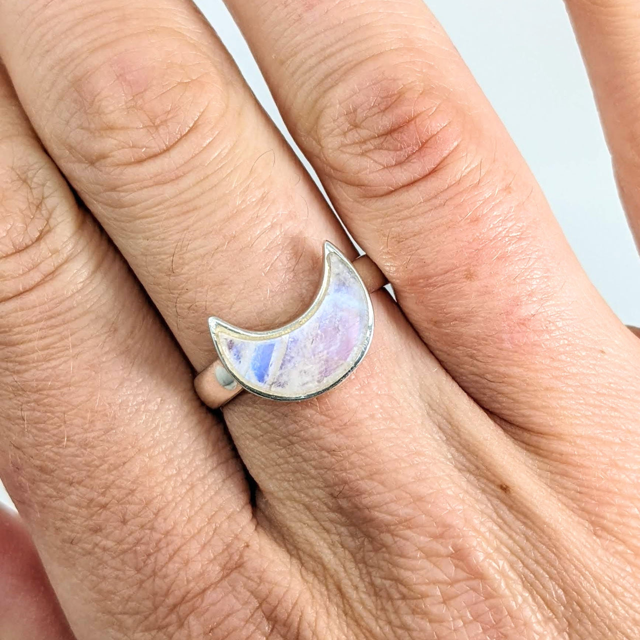 Rainbow Moonstone Crescent Moon Sterling Silver Ring #J678D