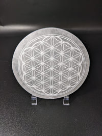 Thumbnail for Selenite Etched Flower of Life Round Charging Plate #SK7585