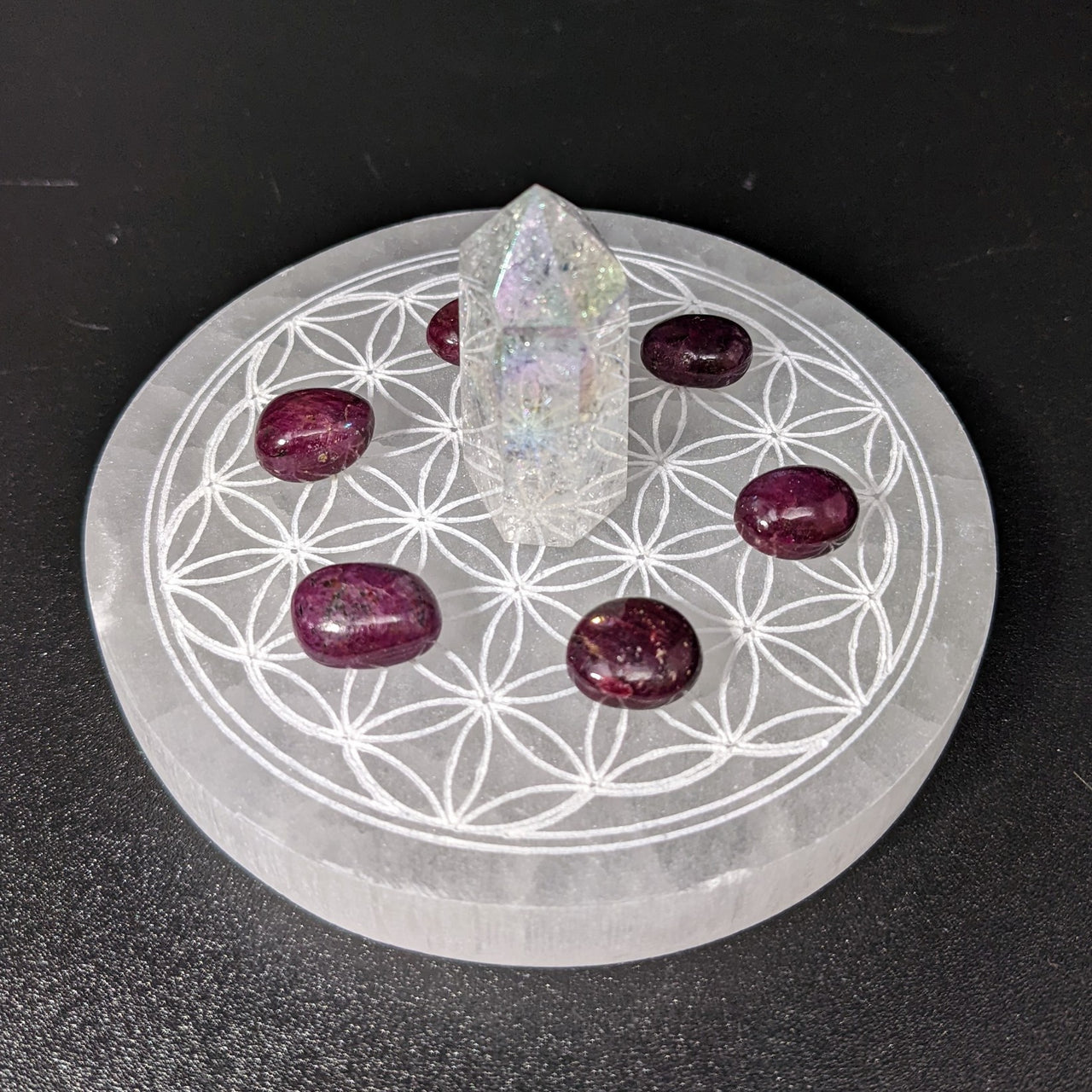 Selenite Etched Flower of Life Round Charging Plate #SK7585