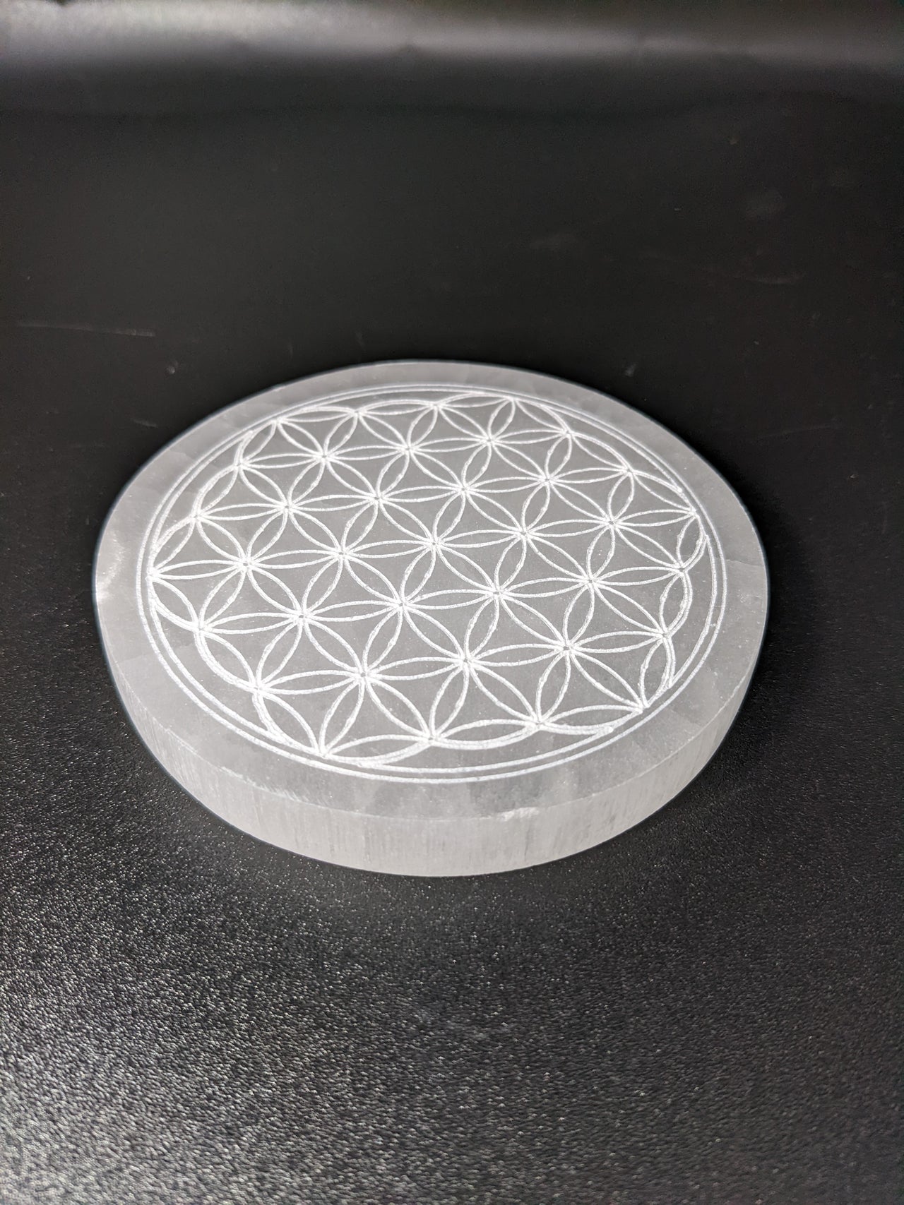 Selenite Etched Flower of Life Round Charging Plate #SK7585
