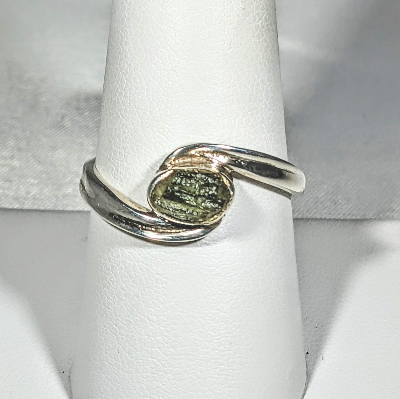 Moldavite Sterling Silver Swoop Ring #SK2626