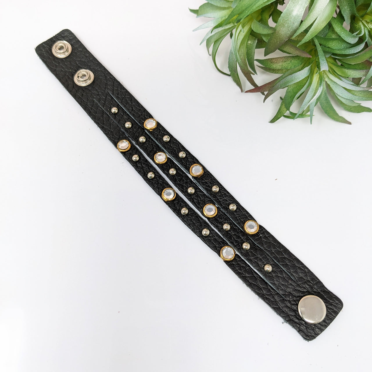 Leather Bracelet 7 - 8"  Triple w Rhinestones Adjustable #LV2752