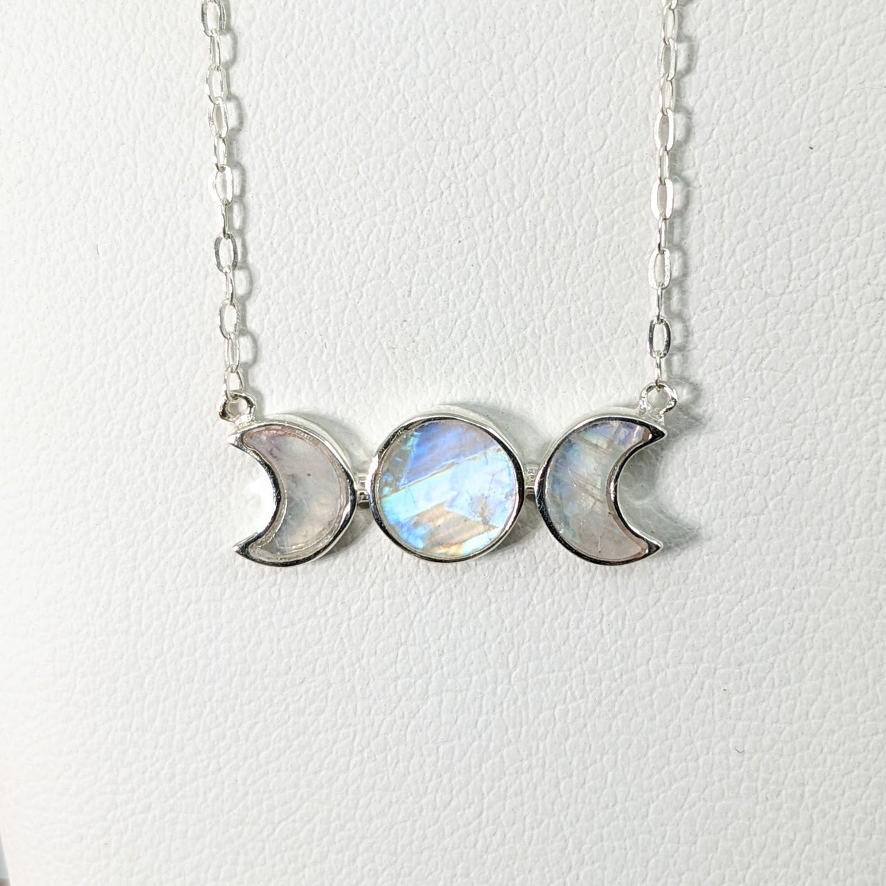 Rainbow Moonstone  Triple Moon SS Necklace (2g) #SK9082