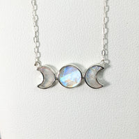 Thumbnail for Rainbow Moonstone  Triple Moon SS Necklace (2g) #SK9082