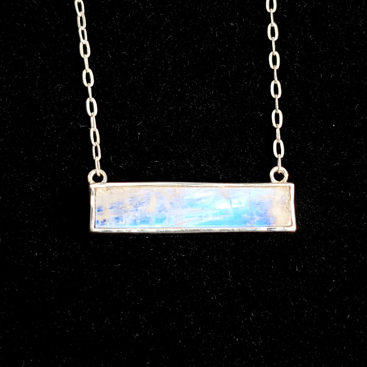 Blue Flash Moonstone 18" S.S. Bar Necklace  (2g) #SK9385