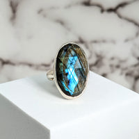 Thumbnail for Labradorite Faceted Sz 5.5 Oval SS Ring #SK9520