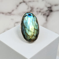 Thumbnail for Labradorite Faceted Sz 6.5 Oval SS Ring #SK9531