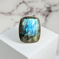 Thumbnail for Labradorite Faceted Sz 8.75 Rectangle SS Ring #SK9532