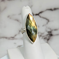 Thumbnail for Labradorite Faceted Sz 6.5 Marquis SS Ring #SK9536