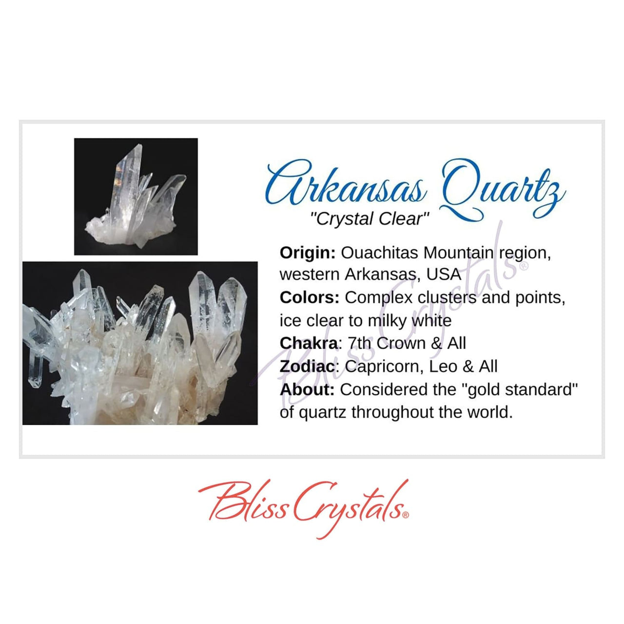 ARKANSAS QUARTZ Crystal Information Card Double sided #HC146