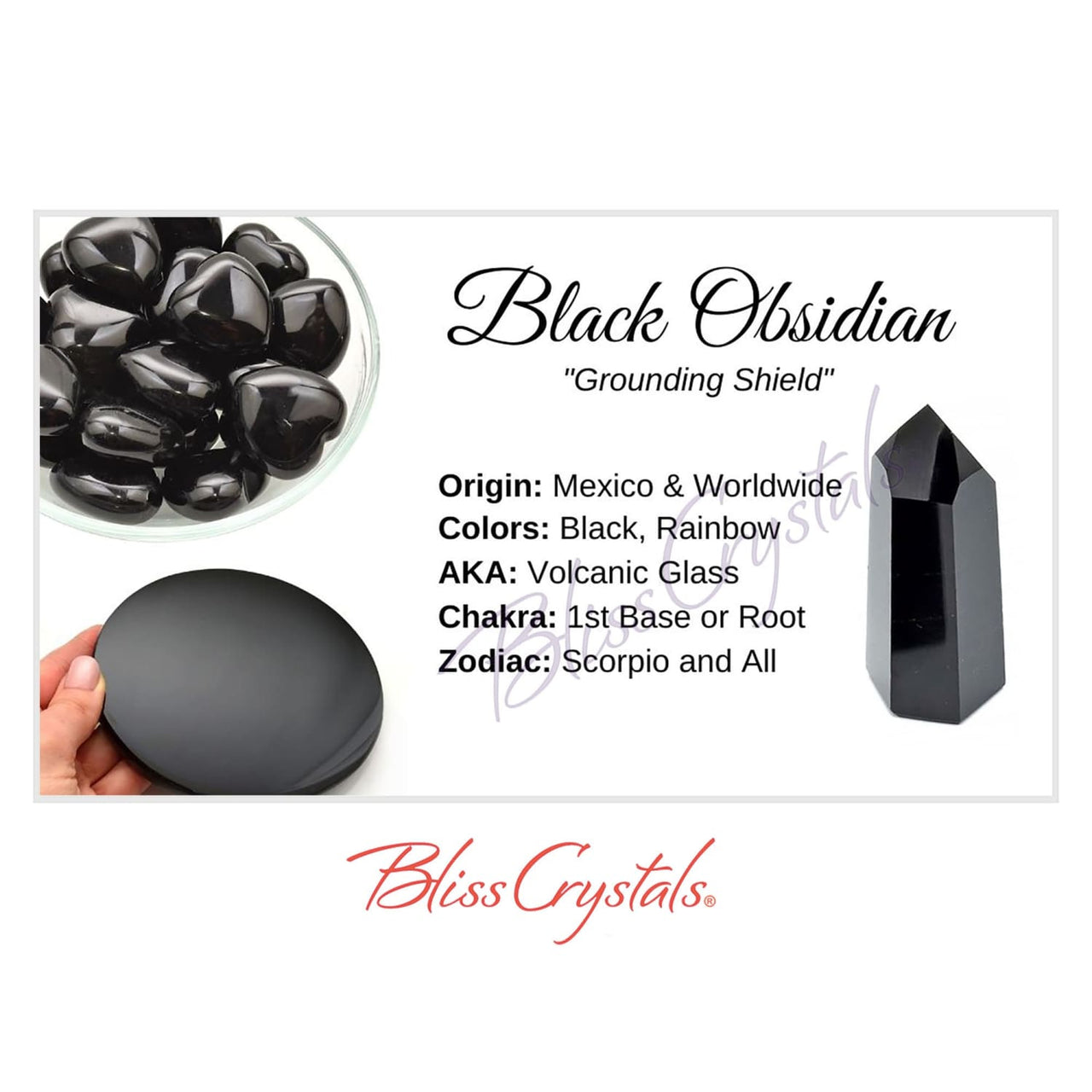 BLACK OBSIDIAN Crystal Information Card Double sided #HC65