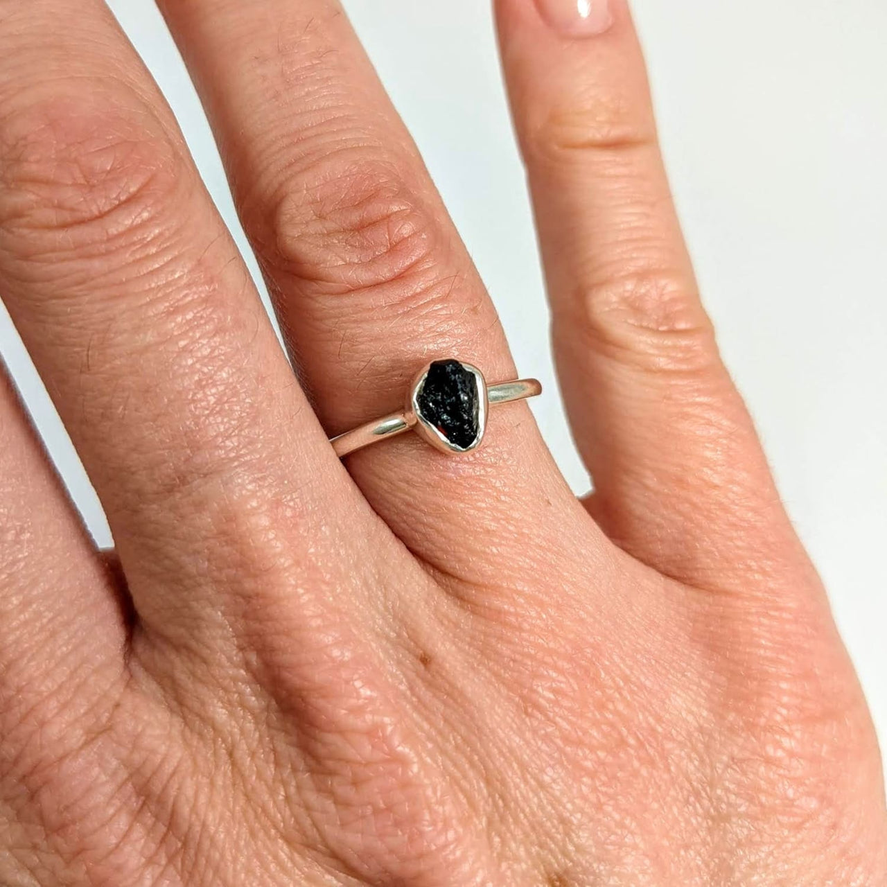 Black Tourmaline Dainty Natural Stackable Crystal Ring.925 