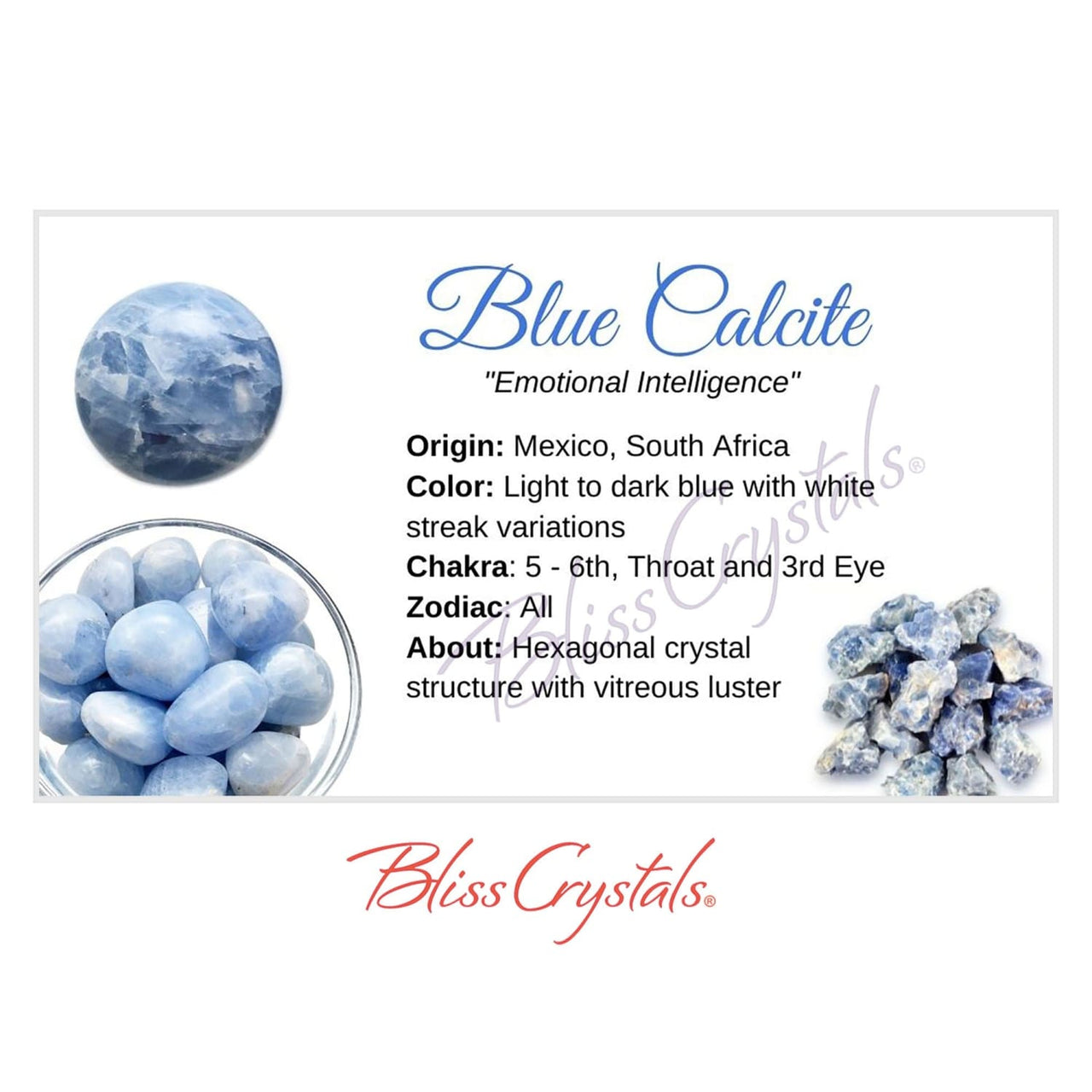 BLUE CALCITE Crystal Information Card Double sided #HC167 - 
