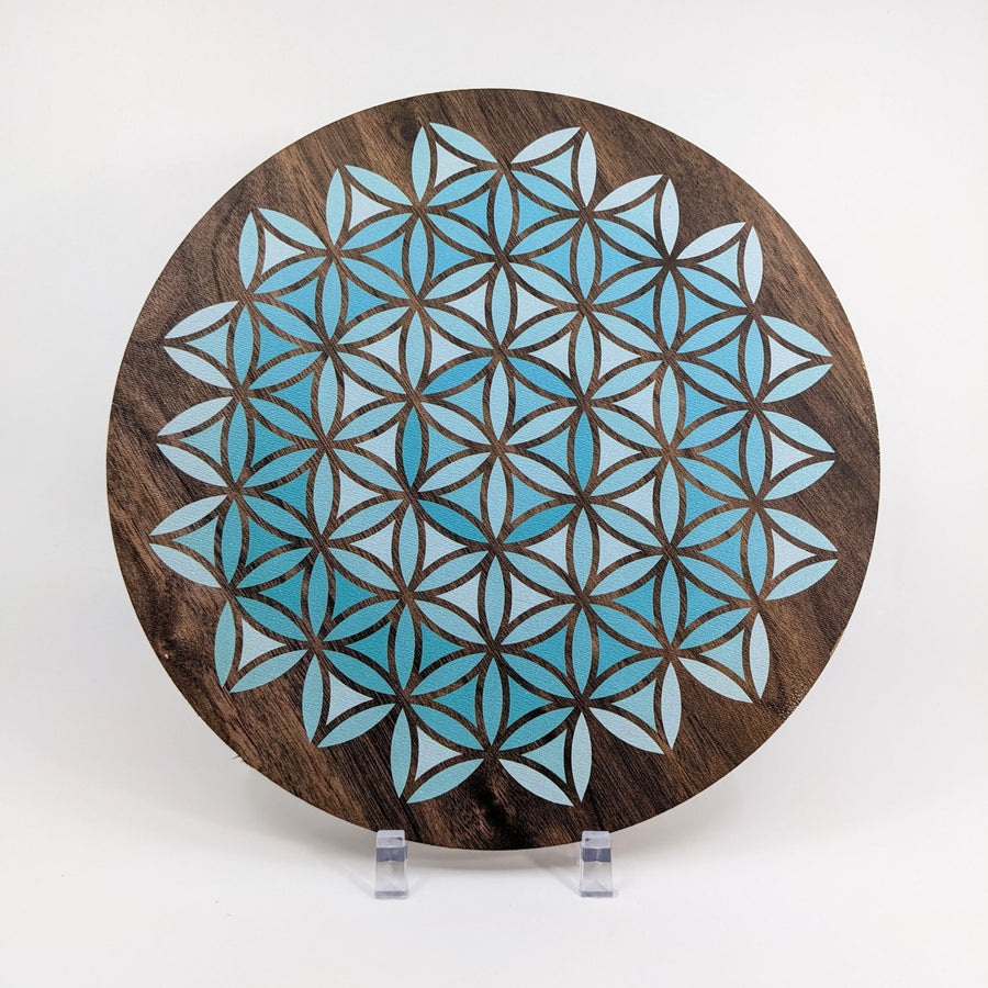 Blue Flower of Life Wood Crystal Grid Printed Color - Choose